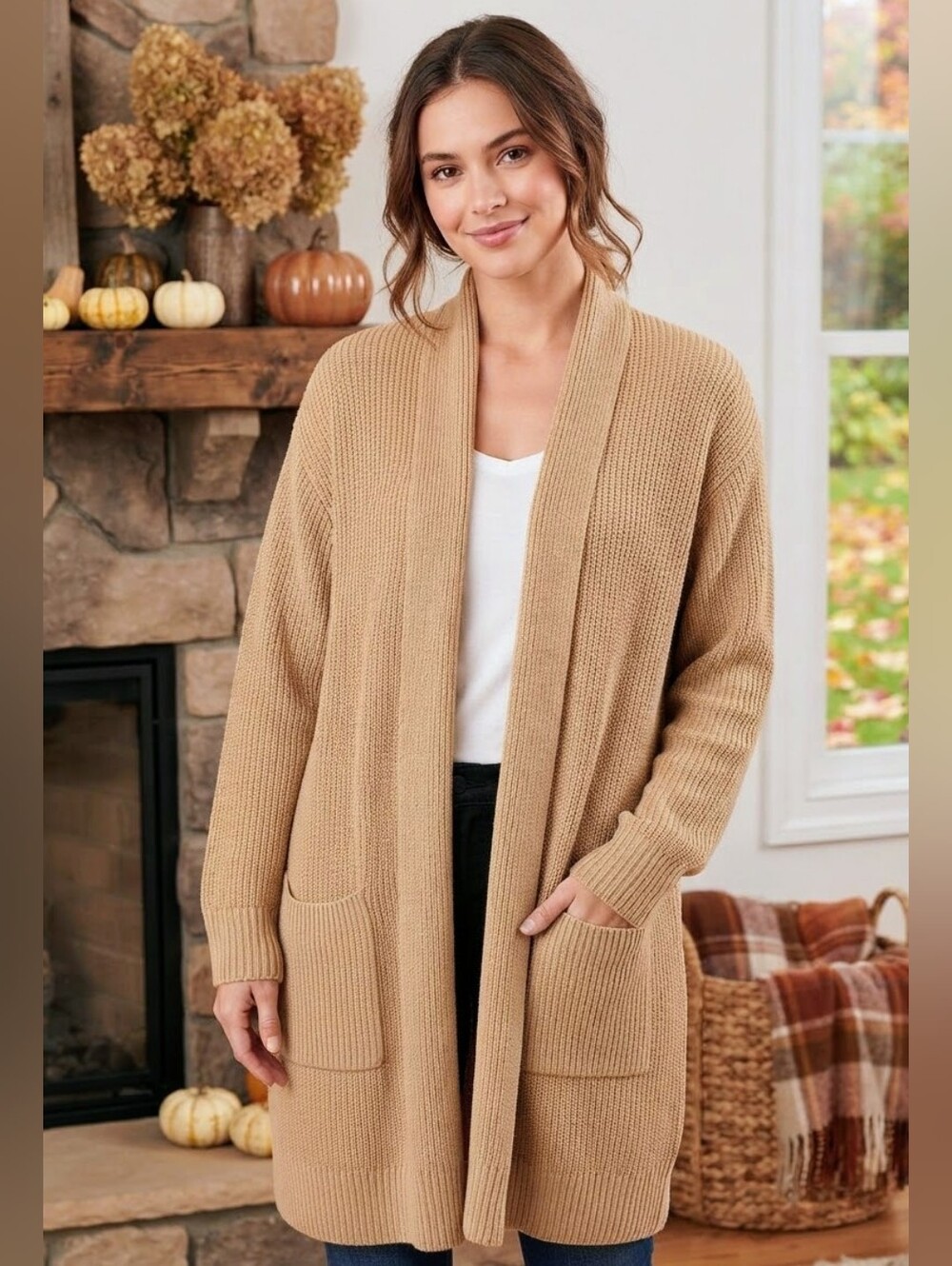Joe Fresh NWT Beige Long Open Front Knit Cardigan Sweater XL
